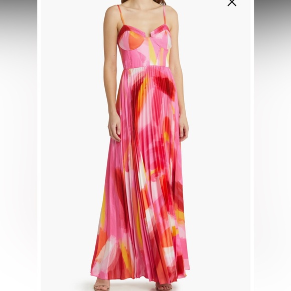 Hutch mali bustier Pink and Orange watercolor pleated Satin Gown - Picture 3 of 12